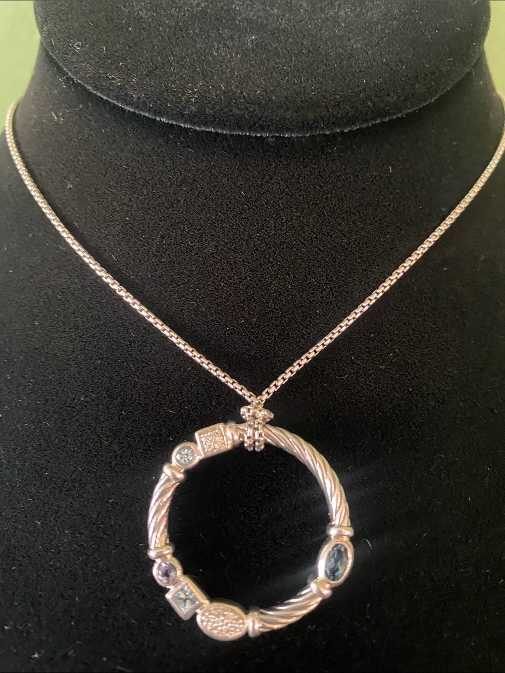 David Yurman Silver Cable Circle Pendant Necklace Blue Topaz & Diamonds